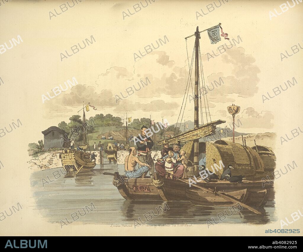 WILLIAM ALEXANDER and WILLIAM MILLER. A fisherman and his family. The Costume of China. Illustrated in forty-eight c. A fisherman and his family, regaling in their boat. The mother is smoking a pipe. One of the children has a gourd fastened to its shoulders to act as a life presever in the event of falling overboard. On the gunwhale are three birds, fishing corvorants. In the background is a sluice.  Image taken from The Costume of China. Illustrated in forty-eight coloured engravings. . Source: 455.e.9, plate 430. Language: English.