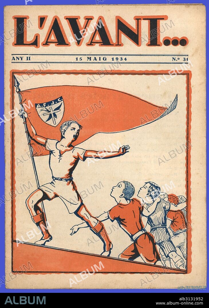Portada del semanario L'Avant, órgano de la Federación de Jóvenes Cristianos de Catalunya. Barcelona, año 1934. Un líder dirige un grupo de jóvenes.