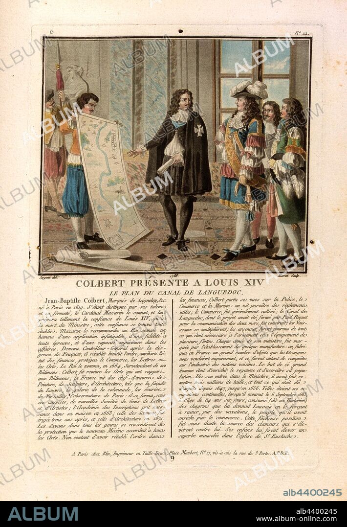 Colbert presents to Louis XIV the plan of the Canal du Languedoc, Jean-Baptiste Colbert and Louis XIV. With a plan of the Canal royal en Languedoc, signed: Sergent (del.); Morret (sculp.); chez Blin, C no. 22, Sergent, Antoine Louis François (del.); Morret, Jean-Baptiste (sc.); Blin (chez), Antoine François Sergent-Marceau: Portraits des grands hommes, femmes illustres et sujets mémorables de France: gravés et imprimés en couleurs. Dédié au Roi. Bd. 1. Paris: chez Blin, Imprimeur en Taille-Douce, [1786-1792].