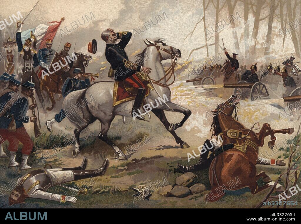 Historia. Batalla de Solferino, en la Lombardía, en que el ejército austríaco al mando de Francisco José I fue derrotado por los ejércitos de Napoleón III de Francia y del reino de Cerdeña al mando de Victor Manuel II, el 24 de junio de 1859. Grabado de 1896.