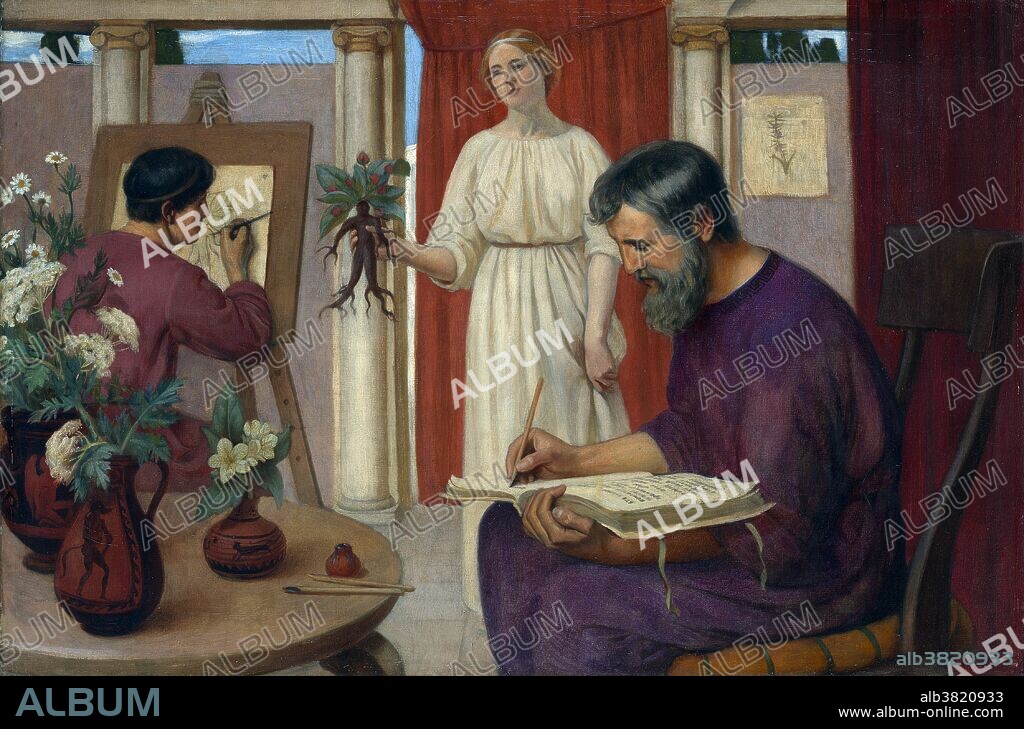 Dioscorides describing the mandrake. Pedanius Dioscorides (circa 40 - 90 AD) was a Greek physician, pharmacologist and botanist. He practiced in Rome at the time of Nero. He was a surgeon with the army of the emperor, so he had the opportunity to travel extensively, seeking medicinal substances (plants and minerals) from all over the Roman and Greek world. He is the author of De Materia Medica, an encyclopedia about herbal medicine and related medicinal substances that was widely read for more than 1,500 years. Unlike the case of many classical authors, his works were not rediscovered in the Renaissance, because his book never left circulation. De Materia Medica is the premiere historical source of information about the medicines used by the Greeks, Romans, and other cultures of antiquity. Painting credited to Ernest Board, 1909.