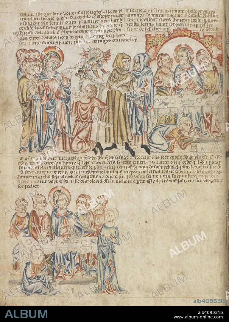 The casting out of demons; St Mary Magdalene washing Christ's feet at table; Martha and Mary. Holkham Bible Picture Book. England, circa 1320-1330. Source: Add. 47682, f.25.