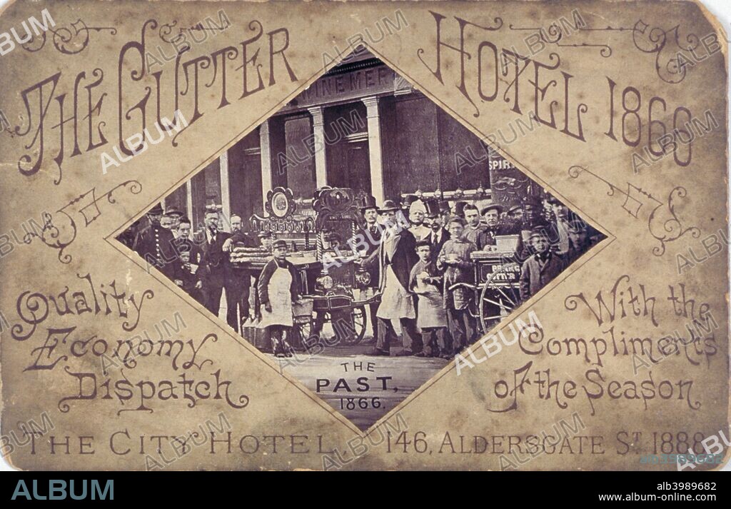The Gutter Hotel, Aldersgate Street, City of London, 1866. View of the Gutter Hotel, an outdoor coffee bar in Aldersgate Street, in 1866. The diamond-shaped photograph is mounted on a cabinet card giving Christmas greetings.