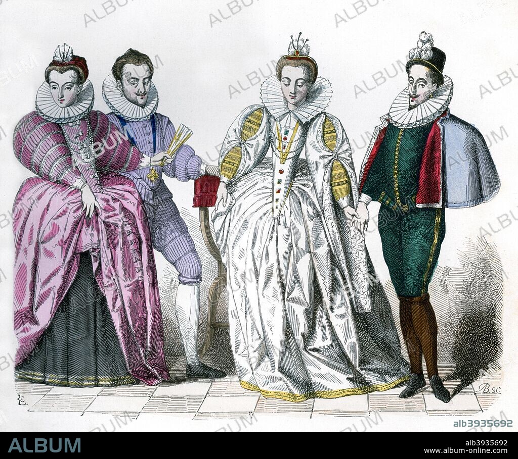 Louise of Lorraine, the Duke of Guise, Marguerite de Vaudemont and  Anne de Joyeuse, 1581 (1882-1884). Louise of Lorraine was Queen consort of Henry III of France. Henry, Duke of Guise was leader of the Catholic League and the instigator of the St Bartholomew's Day Massacre in 1572. From a painting on silver by Joyeuse in the Louvre. A print from La France et les Français à Travers les Siècles, Volume III, F Roy editor, A Challamel, Saint-Antoine, 1882-1884.