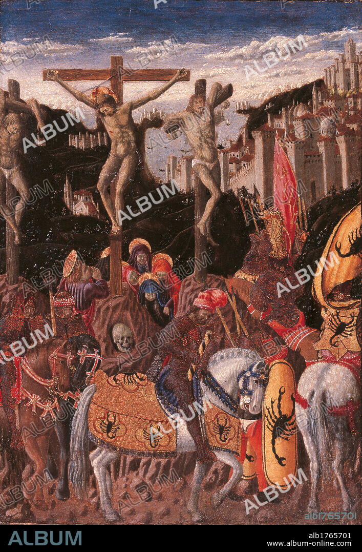 The Crucifixion, by Giovanni di Piermatteo Boccati, 1440-1445, 15th Century, tempera and oil on panel, cm 33 x 24,5. Italy, Marche, Pesaro Urbino, Urbino, Marche National Gallery. A small panel used for private worship. All. Crucifixion crosses skull vanitas Jesus thieves dead pious women Madonna St John horses riders armor shield banners standards harnesses view cove sea city, probably Jerusalem, sky clouds. Authorization required for non editorial use.
