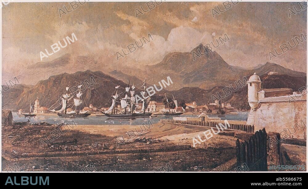 Puerto Cabello (Vénézuéla). "Débarcadaire à Puerto Cabello". Huile sur carton de Ferdinand Bellermann (1814-1889). D'une série d'images sur l'expédition vénézuélienne allemande 1842/45, H. 12,9 x L. 23,1 cm.