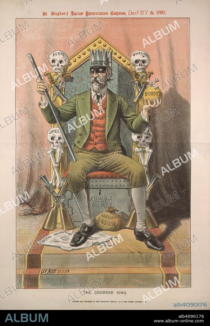 The crowbar king.' Saint Stephen's Review presentation cartoon. Charles Stewart Parnell as 'The crowbar king' by Tom Merry. Parnell is seated, holding dynamite in one hand and a crowbar in the other. There are four skulls around him. Charles Stewart Parnell (27 June 1846 â€“ 6 October 1891) was an Irish landlord, nationalist political leader, land reform agitator, and the founder and leader of the Irish Parliamentary Party.  In 1888 Cecil Rhodes donated Â£10,000 to Parnell, in support of the Home rule bill, for Ireland.   . Saint Stephen's Review. 27 December 1890. Source: Saint Stephen's Review, plate between pages 12-13.