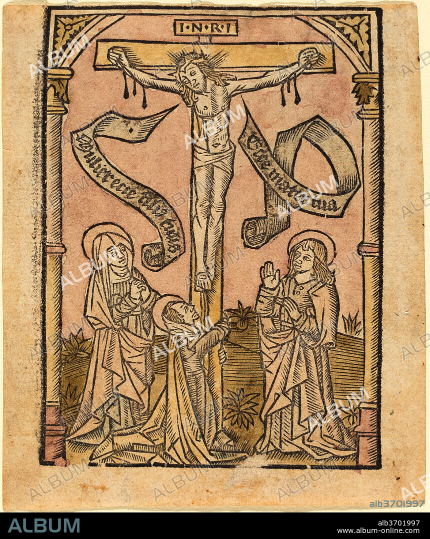 FRENCH 15TH CENTURY. The Crucifixion. Dated: c. 1500. Medium: woodcut, hand-colored in pink, brown, and yellow.