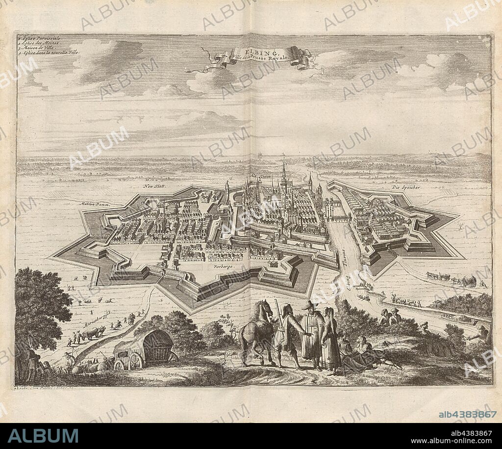 Elbing, City of Royal Prussia, View of Elbing in the Royal Prussia from the 18th century, signed: a Leide, Chez Pierre vander Aa, Fig. 10, p. 74, Aa, Pierre van der (chez), 1727, Adam Olearius: Voyages très-curieux et très-renommez faits en Moscovie, Tartarie et Perse: dans lequels on trouve une description curieuse & la situation exacte des pays & etats, par où il a passé [...]. Bd.1. A Amsterdam: chez Michel Charles le Céne, 1727.