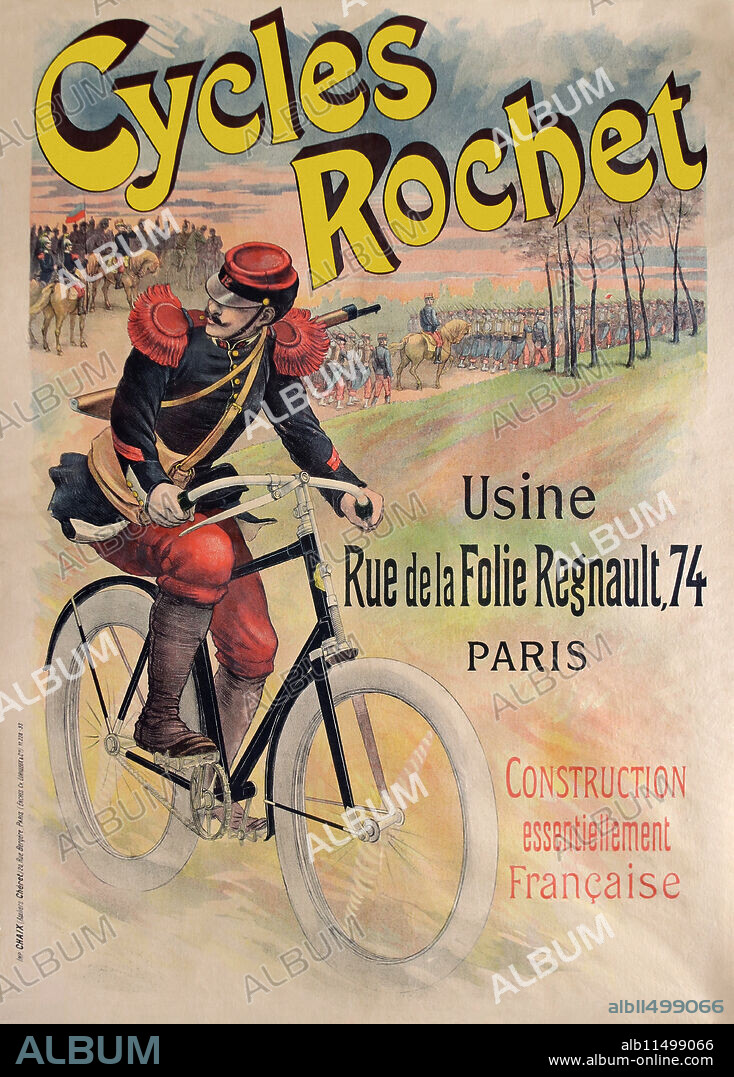 LUCIEN LEFEVRE. CYCLES ROCHET.  ‘Cycles Rochet Usine Rue De La Folie Regnault No. 74 Paris. Construction essentiellement Française’  Lithographic poster printed by:  Chaix, Paris.  Artist: Lucien Lefèvre (born 1850 – died 1902).  Dated: 1893.