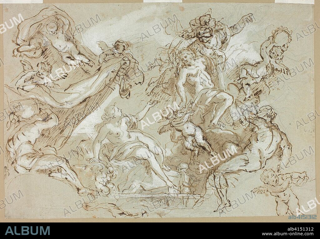 Apotheosis of Hercules (recto); Sketches of Horse's Head, Horse's Forequarters, and Altarpiece or Ciborium (verso). possibly Anton Domenico Gabbiani (Italian, 1652-1726); or Ciro Ferri (Italian, 1634-1689); or possibly after Pietro da Cortona (Italian, 1596-1669). Date: 1654-1726. Dimensions: 256 x 369 mm. Pen and brown ink, with brush and brown wash, heightened with white gouache, over graphite (recto), and black chlalk with pen and ink (verso), on blue-gray laid paper. Origin: Italy.