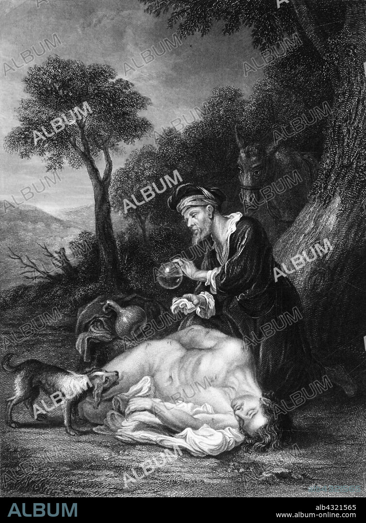 GH ADCOCK. 'He bound up his wounds, pouring in oil and wine', c1830s. Biblical scene, from Luke 10: 34: 'And went to him, and bound up his wounds, pouring in oil and wine, and set him on his own beast, and brought him to an inn, and took care of him.' The Parable of the Good Samaritan who tended to the wounds of a traveller who was stripped, beaten, and left half dead alongside the road. Engraving after a painting of the 18th century.
