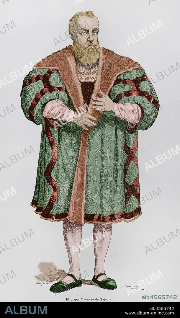 Mauricio de Sajonia (1521-1553). Noble alemán, duque de Sajonia-Meissen (1541-1547) y Príncipe Elector de Sajonia (1547-1553). Grabado. "Museo Militar del Ejército Español", Tomo I. Evaristo Ullastres Editor. Barcelona, 1883. Coloreado.