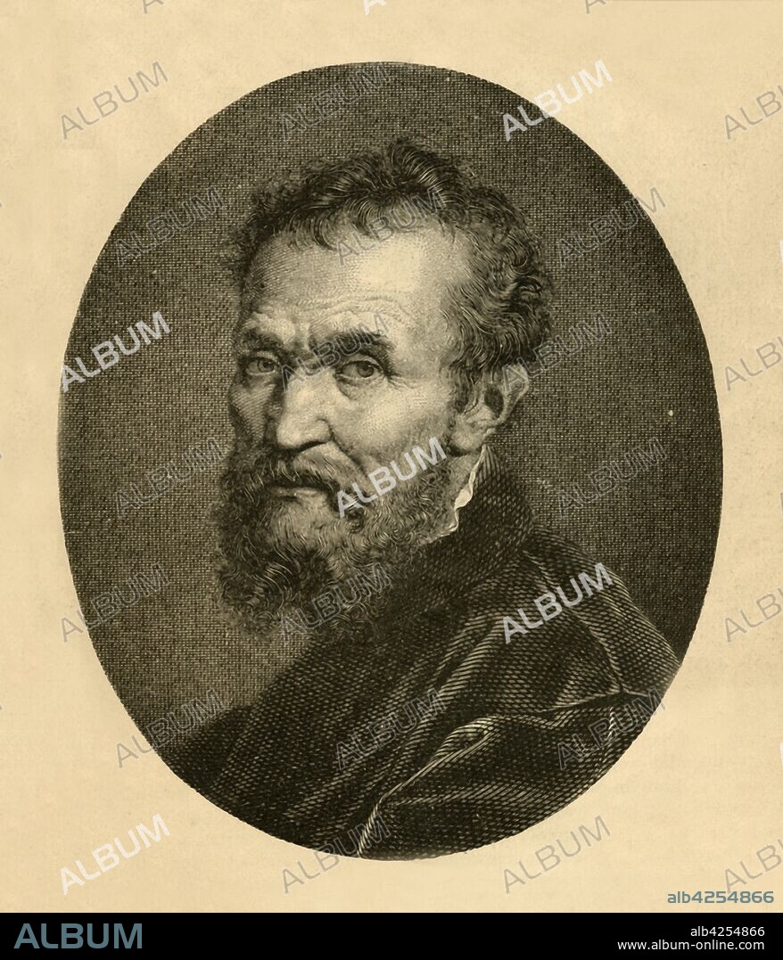 'Portrait of Michael Angelo Buonarotti', 1881. Michelangelo di Lodovico Buonarroti Simoni or more commonly known by his first name Michelangelo (1475 - 1564) was an Italian sculptor, painter, architect and poet of the High Renaissance. From "St. Nicholas: Volume VIII. Part I., November 1880, to May 1881". [Scribner & Co., New York, 1881].