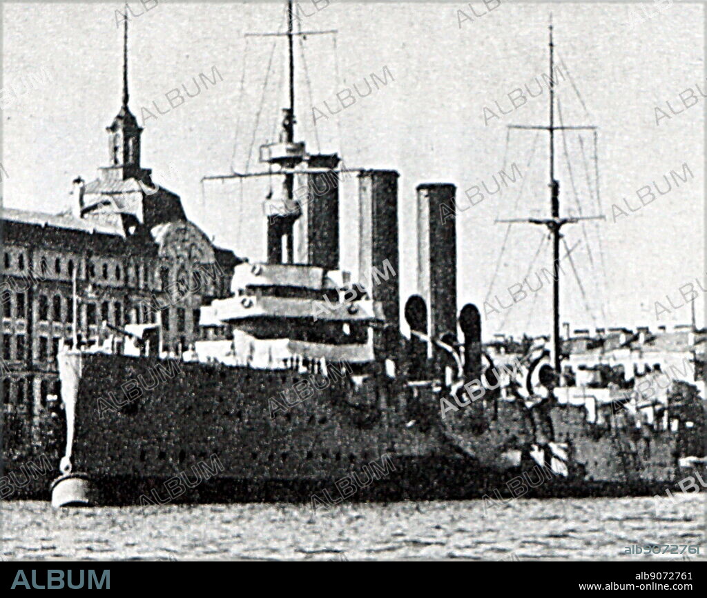 Russian battleship Aurora during the October Revolution of 1917. The crew joined the February Revolution of 1917. On October 25, 1917, at 9:40 pm, a blank shot from her guns was the signal for the start of the storming of the Winter Palace, which was to be the beginning of the October Revolution.