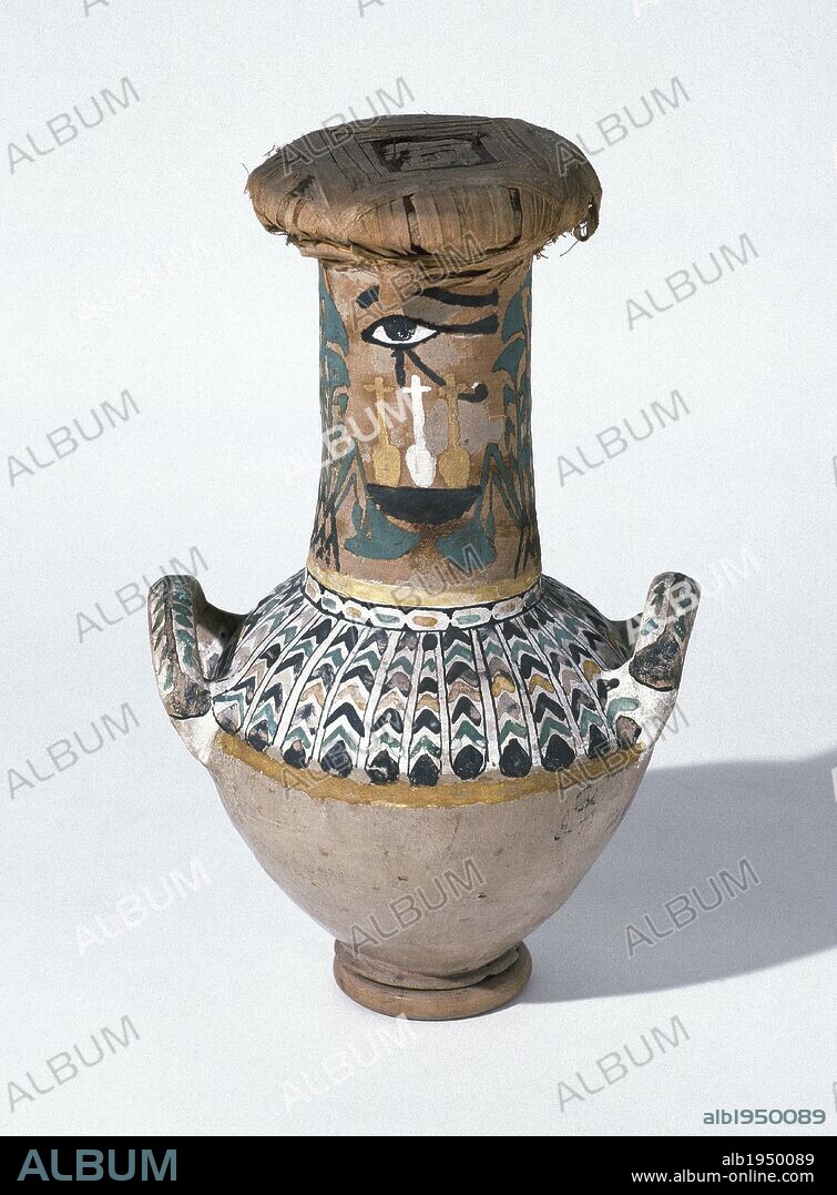 ARTE EGIPCIO. EGIPTO. Vaso policromado sellado con un tejido de lino. Procede de la tumba de KHA (Deir el-Medina). XVIII Dinastía (1.400 a.C.). Museo Egipcio. Turín. Italia.