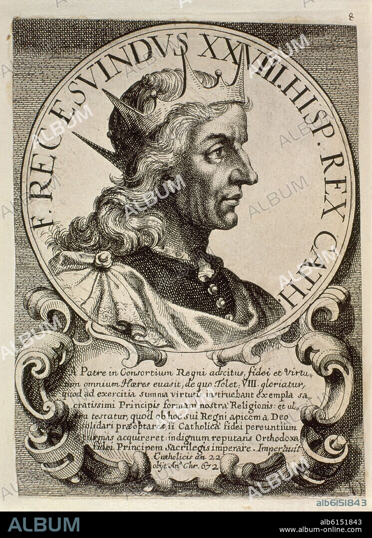 ARNOLDO VAN WESTERHOUT (1651-1725). RECESVINTO (?-672) REY DE LOS VISIGODOS ENTRE LOS AÑOS 653 Y 672 - EFFIGIES ET SERIES REGUM HISPANIAE - GRABADO SIGLO XVII.