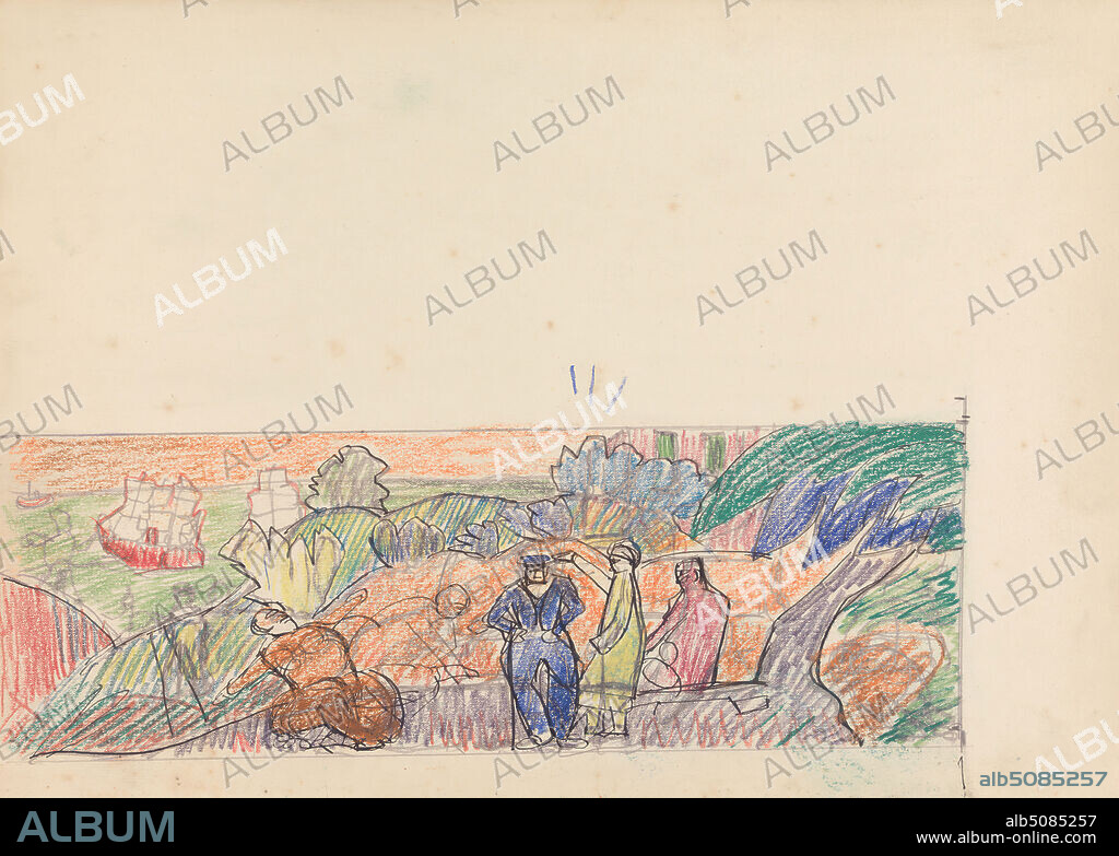 Cave of the Golden Calf: Study for Mural, Gentleman in Foreground, Spencer Frederick Gore, 18781914, British, 1912, Pastel, graphite, and pen and black ink on moderately thick, slightly textured, cream wove paper, Sheet: 10 x 14 inches (25.4 x 35.6 cm), architectural subject, cabaret, columns (architectural elements), design, eaves, figure study, hills, landscape, men, mural, ships, study (visual work), trees, City of Westminster, England, Europe, London, The Cave of the Golden Calf, United Kingdom.