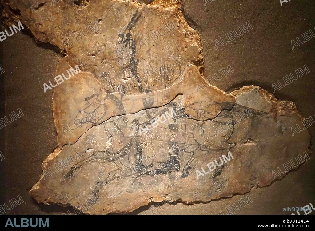 Goguryeo kingdom, Korea: fragment of a mural featuring a horse rider, 5th century, found in Ssangyongchong Tomb, Nampo, North Korea in 1913. The rider is wearing a Goguryeo-style hat decorated with two feathers. (three kingdoms period), Goguryeo (37 BC-668 AD).