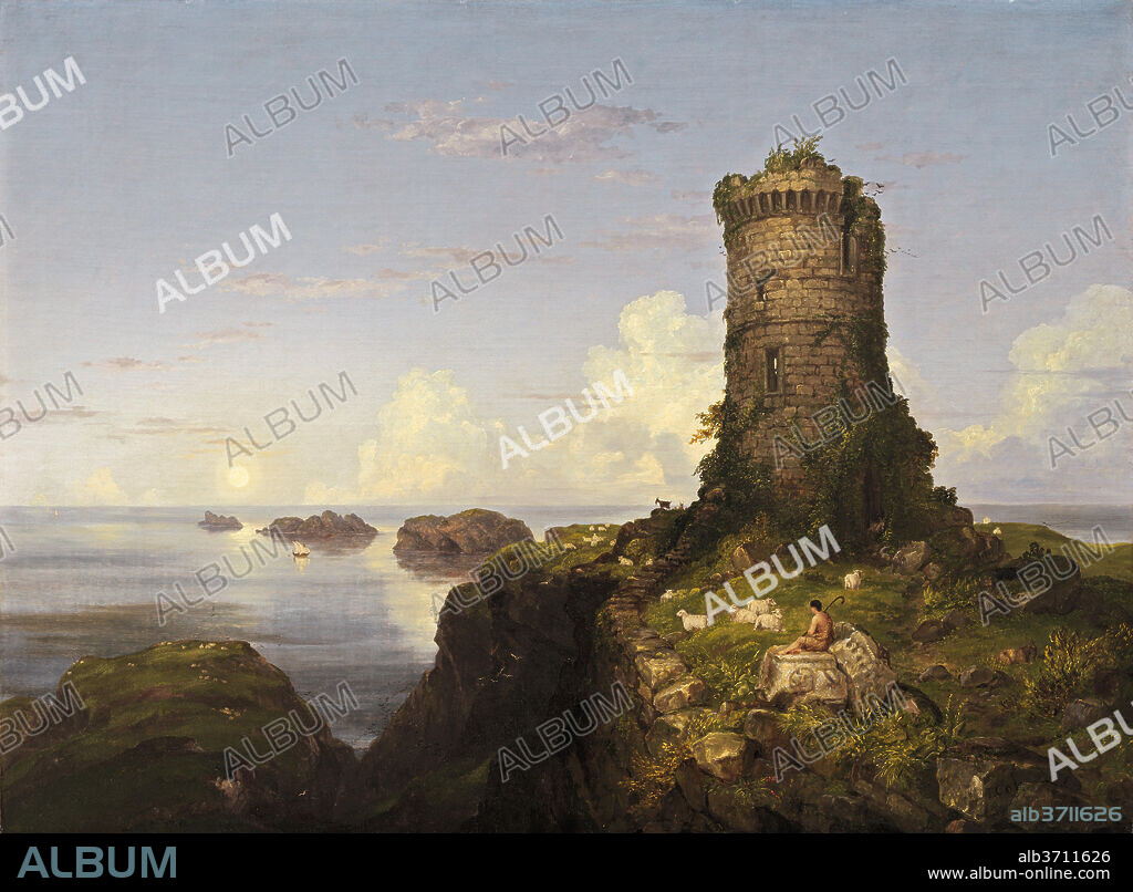 THOMAS COLE. Italian Coast Scene with Ruined Tower. Dated: 1838. Dimensions: overall: 86.4 x 116.8 cm (34 x 46 in.)  framed: 118.1 x 148.6 x 11.4 cm (46 1/2 x 58 1/2 x 4 1/2 in.). Medium: oil on canvas.