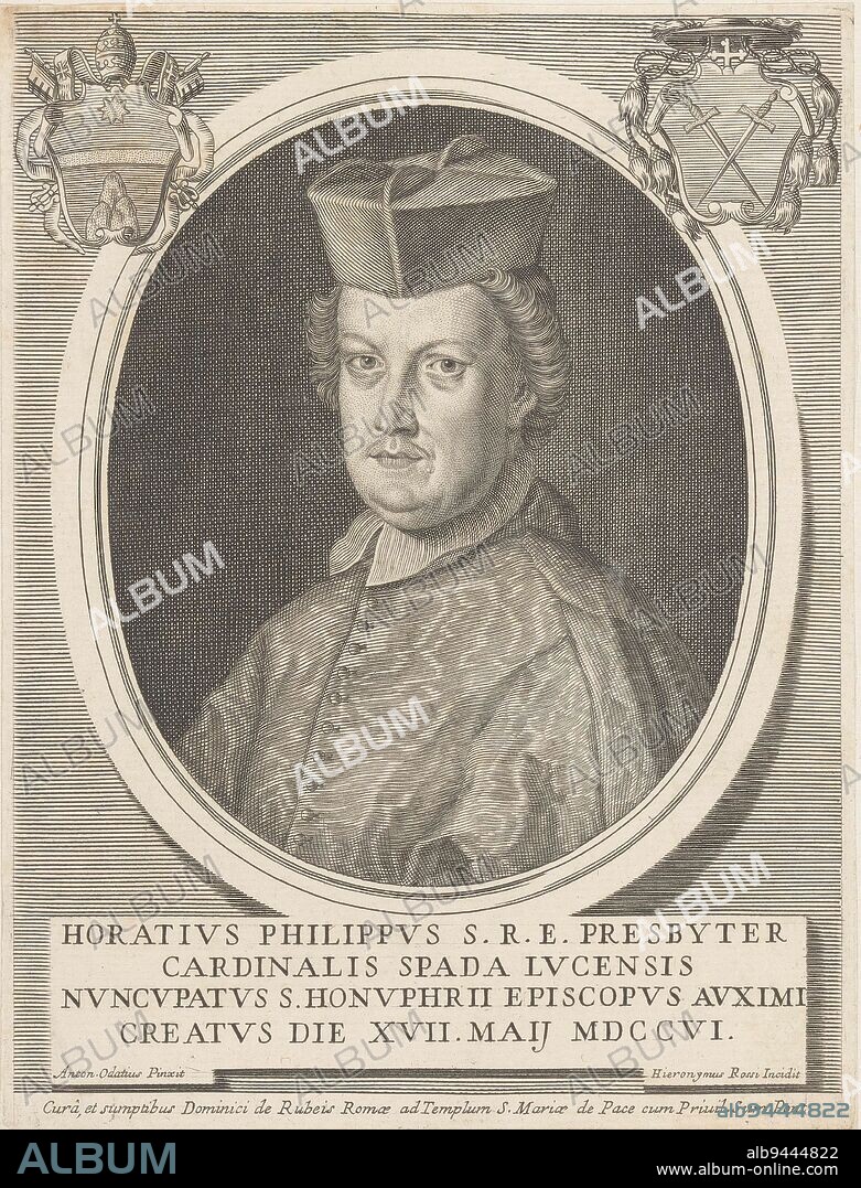Portrait of Cardinal Orazio Filippo Spada, print maker: Girolamo Rossi (II), (mentioned on object), after: Antonio Odazzi, (mentioned on object), publisher: Domenico de'Rossi, (mentioned on object), print maker: Rome, after: Italy, publisher: Rome, Vaticaanstad, 1706 - 1762, paper, engraving, h 210 mm - w 160 mm.