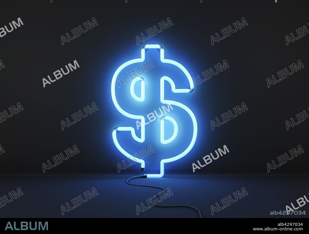 Neon blue dollar sign on black background.