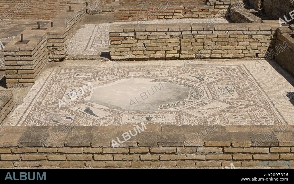 ARTE ROMANO. ESPAÑA. ITALICA. Ciudad fundada hacia 206 a. C., por iniciativa de Cornelio Escipión. Casa de los pájaros. Domus romana señoria. Detalle de uno de los mosaicos que decoraban las entancias vivienda. Santiponce. Provincia de Sevilla. Andalucia.