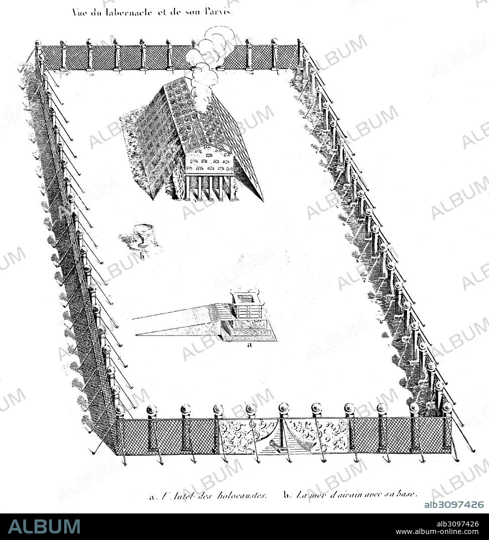 Historia sagrada. El Tabernáculo diseñado por Moisés, altar de los sacrificios y fuente de bronce. Grabado de 1862.
