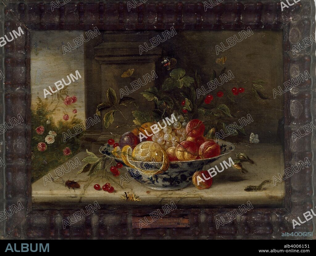 Decorative Still-Life Composition with a porcelain Bowl, Fruit and insects, mid 17th century. Formerly attributed to Peter van Kessel. Dimensions: height x width x depth: 14 x 20 cm.