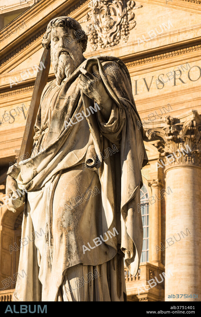 Prominent statue of St. Paul in front of St. Peter's Basilica, Vatican City, Rome, Lazio, Italy, Europe.
