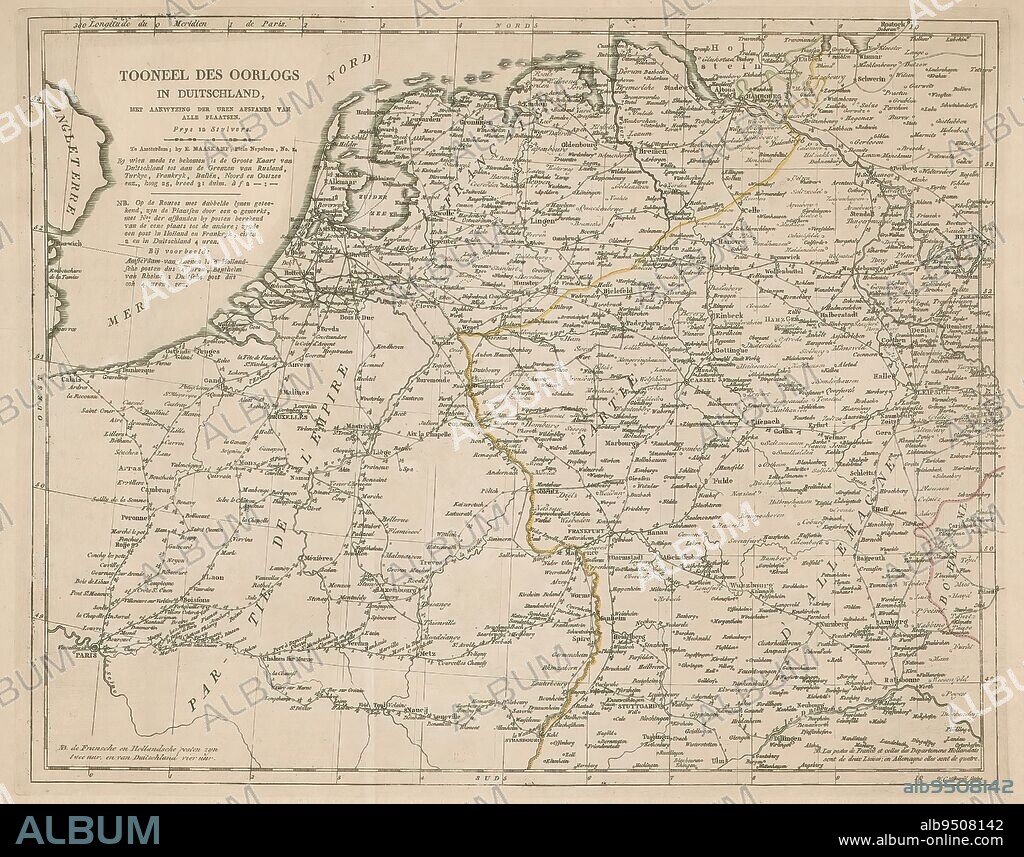 Map of Germany, Holland and Northern France, Tooneel des war in Duitschland (title on object), Map of Germany, Holland and Northern France, with the distance between the cities in hours., print maker: Willem Cornelis van Baarsel, (mentioned on object), publisher: Evert Maaskamp, (mentioned on object), Amsterdam, 1806 - 1813, paper, engraving, height 340 mm × width 426 mm.