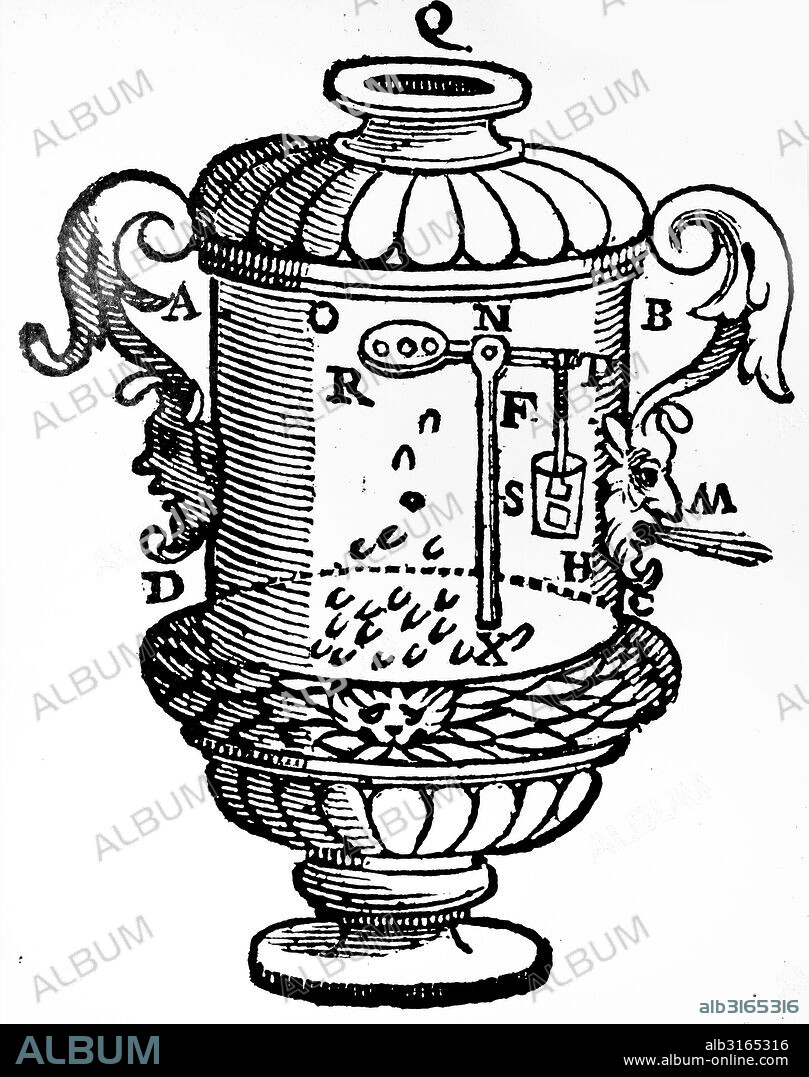 Hero's coin-in-the-slot machine. From gero Gli Artificiose e curioisi moti spiratale di Herone, Bologna, 1647.