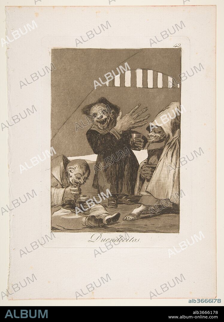 Plate 49  from 'Los Caprichos': Hobgoblins (Duendecitos.). Artist: Goya (Francisco de Goya y Lucientes) (Spanish, Fuendetodos 1746-1828 Bordeaux). Dimensions: Plate: 8 3/8 x 6 in. (21.2 x 15.2 cm)
Sheet: 11 5/8 x 8 1/4 in. (29.5 x 21 cm). Series/Portfolio: Los Caprichos. Date: 1799.