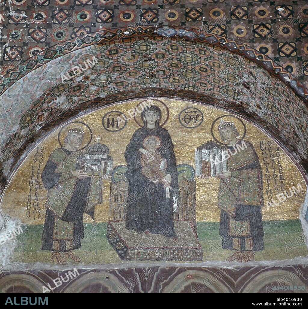 Byzantine mosaic of the Virgin with Justinian  (c. 482 - 14 November 565) and Constantine (c. 27 February 272 -22 May 337) in the lunette over the south portal of St Sophia in Istanbul.