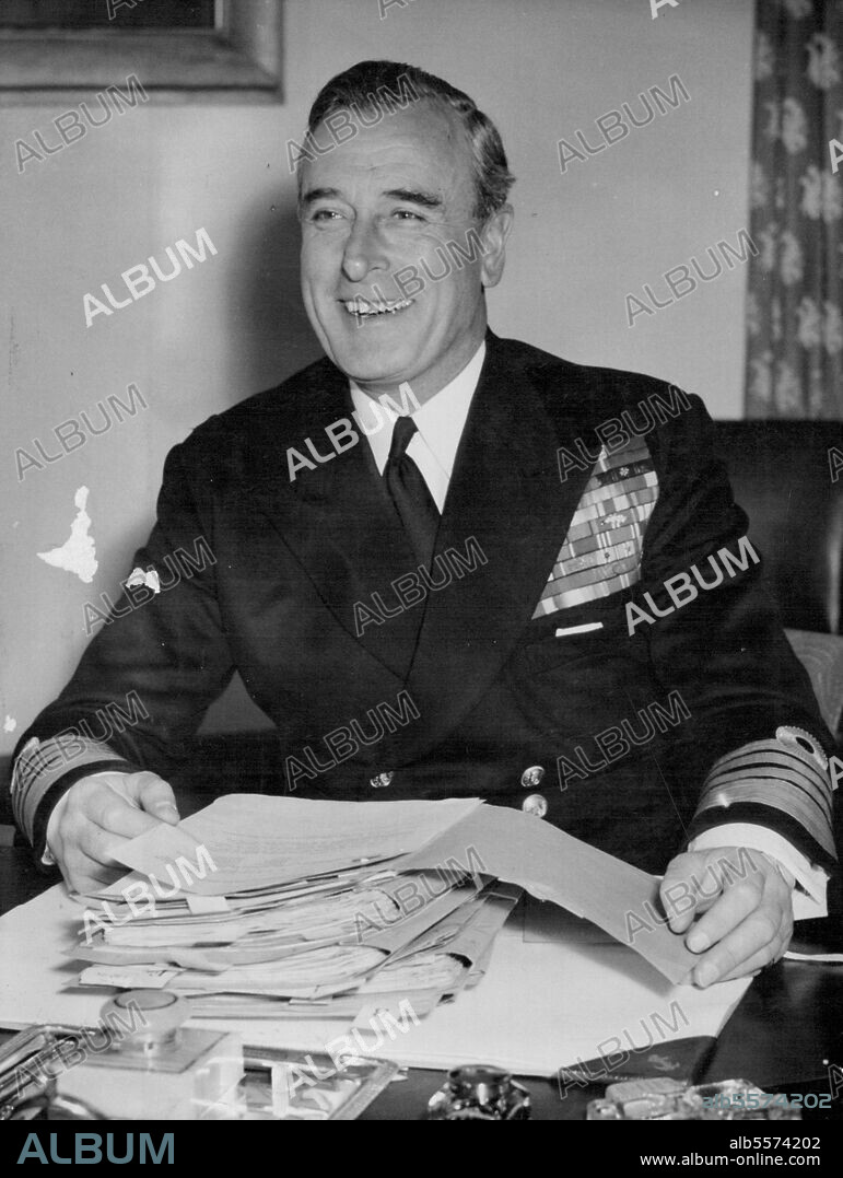 The New First Sea Lord -- Admiral Earl Mountbatten, who took over as first Sea Lord April 19, photographed for the first time in full uniform at his new dusk in the admiralty, London, today April 22. April 22, 1955. (Photo by Associated Press Photo).