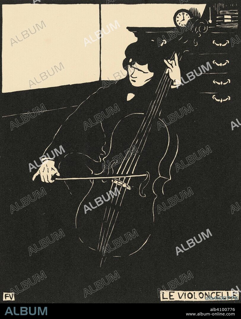 FELIX VALLOTTON (PEINTRE). The Cello (Le violoncelle). Dimensions: 32.4 cm x 25.2 cm, 22.4 cm x 17.9 cm.