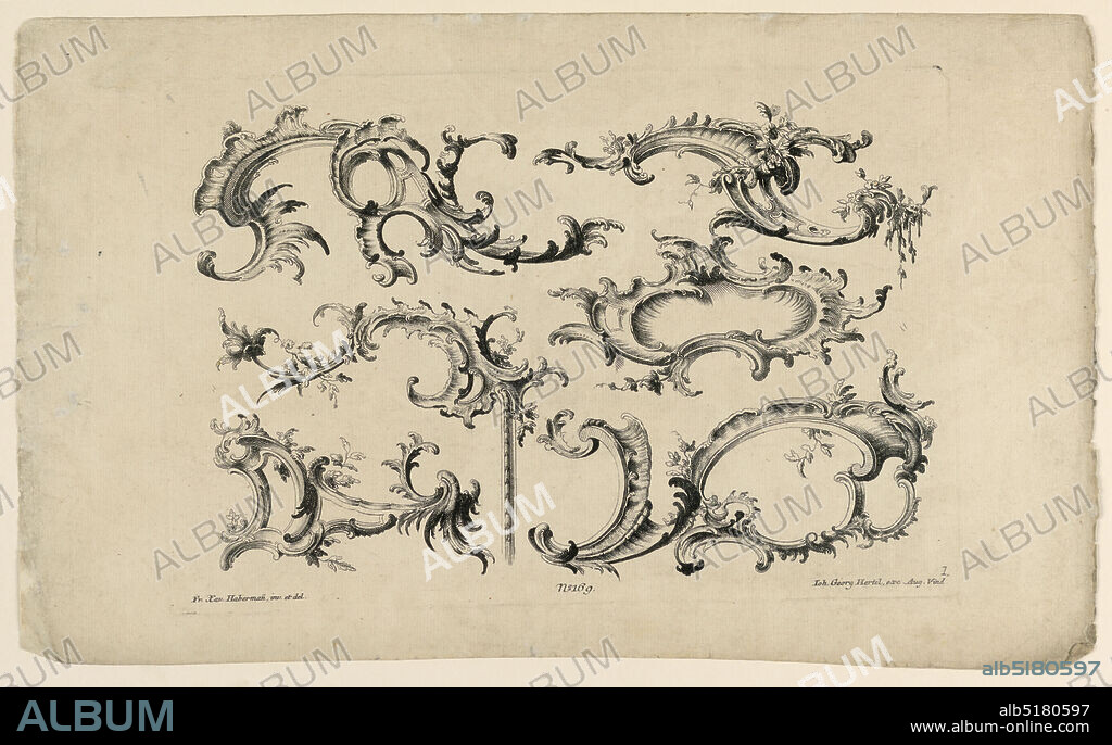 Rocaille Motifs, from Set No. 169, Johann Georg Hertel, German, ca. 17001776, Franz Xaver Habermann, German, b. Poland, 17211796, Etching on paper, Plate 1. Five crest motifs, an escutcheon, disposed in three lines., Augsburg, Germany, 1750-1770, Print, Print.