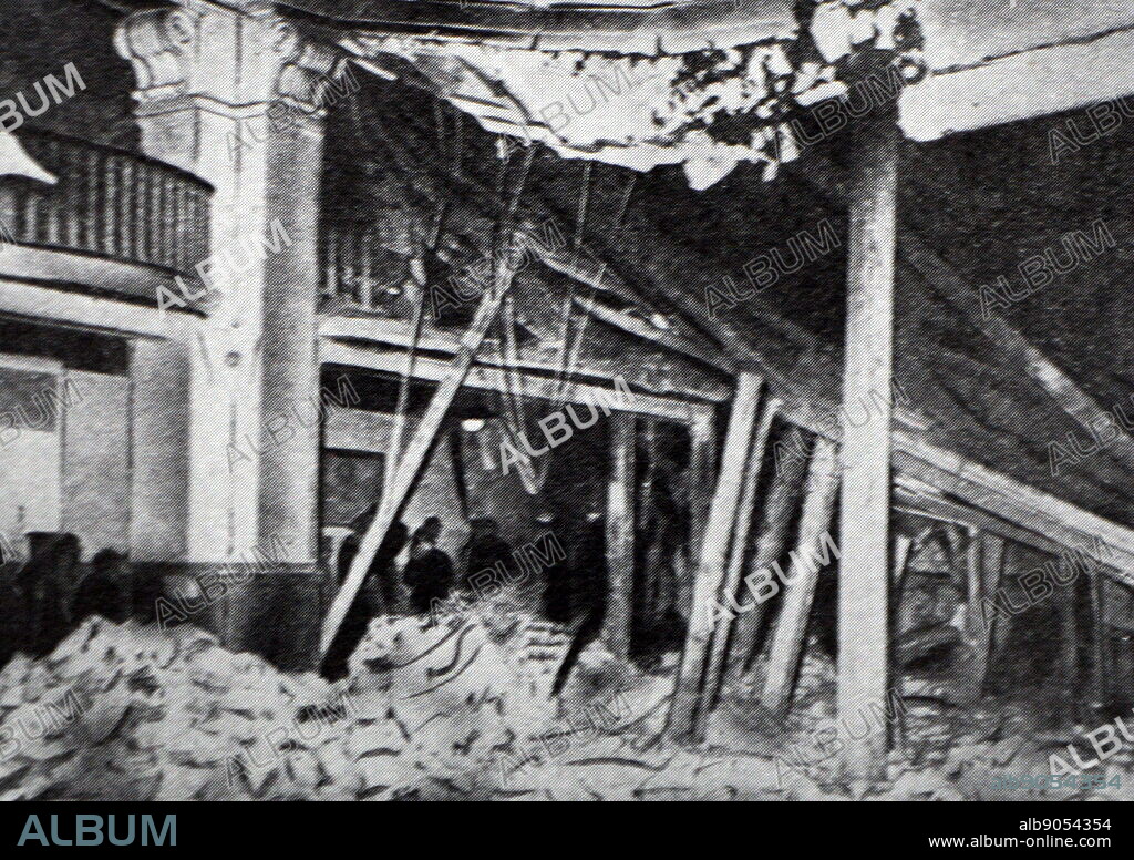 Black and white photograph of the Burgerbraukeller beer hall after a bomb exploded in an assassination attempt on Adolf Hitler, 8 November 1939.