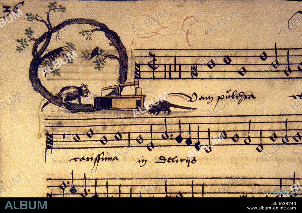 Lettre ornee Q. Souriciere. Enluminure tiree d'un recueil de chansons datant de 1542 (16e, 16eme, XVIe s.). Manuscrit conserve a la bibliotheque municipale de Cambrai. Ms 128. Credit : Collection JEAN VIGNE / KHARBINE-TAPABOR.