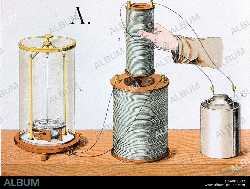 Faraday's electromagnetic induction experiment, 1882. The inner coil is connected to a liquid battery, the outer coil to a galvanometer. Michael Faraday (1791-1867) was one of the greatest scientists of the 19th century. His most significant contribution was the Experimental Researches on Electricity which was published over 40 years, where he described his discoveries, including the laws of electromagnetic induction (1831) and the laws of electrolysis (1833). He also discovered the principles of the electric motor and dynamo.