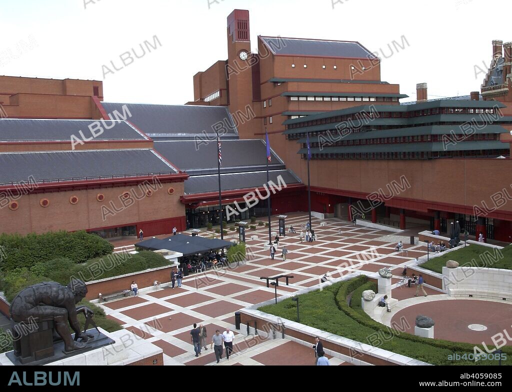 British Library Piazza. [Photographs of the British Library building at St. View of the British Library Piazza. The statue of 'Newton' after William Blake, 1995 by Eduardo Paolozzi, can be seen on the left. The Poet's circle can be seen on the right.  Image taken from [Photographs of the British Library building at St.Pancras]. .