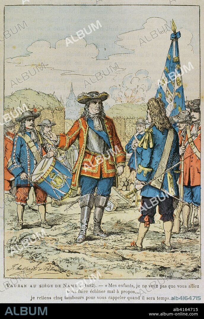 Guerra de los Nueve Años (1688-1697). Sitio de Namur (25 de mayo al 30 de junio de 1692), con victoria francesa. El mariscal de Francia, Vauban (1633-1707) durante el sitio a Namur, 1692. Ilustración en color de la "Armeé Française, Nos Soldats" (Ejército Francés, Nuestros Soldados). Autor, Eugene Hennebert (1826-1896). París, h. 1890. Ilustración firmada por Hussenot y Pallandre. Biblioteca Histórico Militar de Barcelona, Cataluña, España.