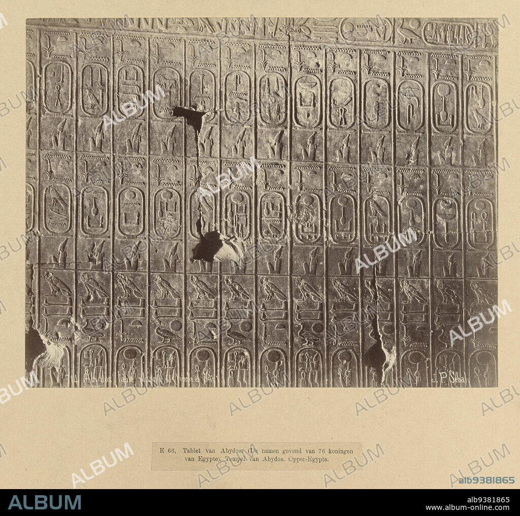 A tablet with the names of 76 kings of Egypt in hieroglyphic script.E 66. Tablet from Abydos. (Giving the names of 76 kings of Egypt), Temple of Abydos. Upper Egypt. (title on object), The photograph is part of the series of photographs from Egypt collected by Richard Polak., Pascal Sébah (mentioned on object), Egypte, c. 1895 - c. 1915, photographic support, paper, albumen print, height 210 mm × width 268 mmheight 466 mm × width 555 mm.