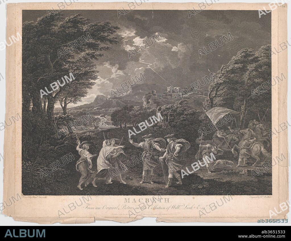 Macbeth and the Witches (Shakespeare, Macbeth, Act 1, Scene 1). Artist: After Francesco Zuccarelli (Italian, Pitigliano 1702-1788 Florence). Dimensions: Plate (trimmed at top): 17 5/8 × 21 13/16 in. (44.8 × 55.4 cm)
Sheet: 18 1/16 × 23 5/8 in. (45.8 × 60 cm). Engraver: William Woollett (British, Maidstone, Kent 1735-1785 London). Publisher: William Woollett (British, Maidstone, Kent 1735-1785 London). Subject: William Shakespeare (British, Stratford-upon-Avon 1564-1616 Stratford-upon-Avon). Date: 1770.