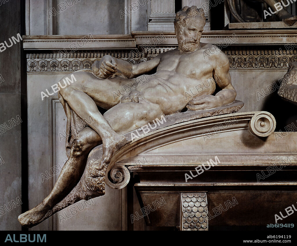 MIGUEL ANGEL. DETALLE DEL CREPUSCULO EN EL MAUSOLEO DE LORENZO EL MAGNIFICO EN LA SACRISTIA - SIGLO XVI.