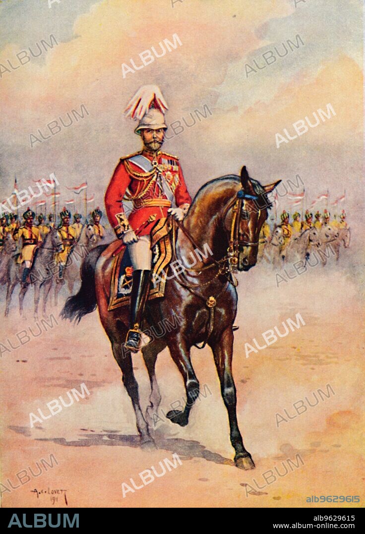 AC LOVETT. 'H.M. King George in India', 1913. George V (George Frederick Ernest Albert; 3 June 1865 - 20 January 1936) was King of the United Kingdom and the British Dominions, and Emperor of India, from 6 May 1910 until his death in 1936. From The Gorgeous East by Frank Elias. [Adam and Charles Black, London, 1913].
