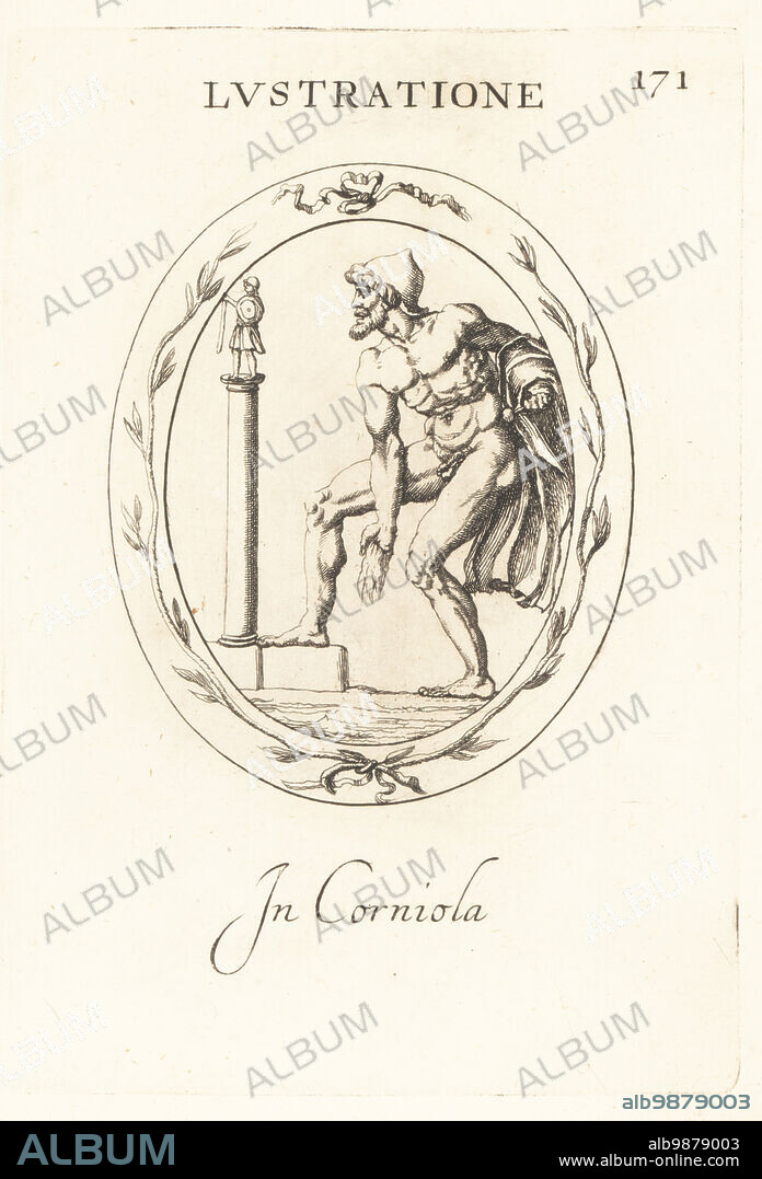 Roman priest performing a purification ritual or lustration. Naked Bellonarius with hat and cloak, washing himself in front of a column to Bellona, goddess of war. In carnelian. Lustratione. In corniola. Copperplate engraving by Giovanni Battista Galestruzzi after Leonardo Agostini from Gemmae et Sculpturae Antiquae Depicti ab Leonardo Augustino Senesi, Abraham Blooteling, Amsterdam, 1685.
