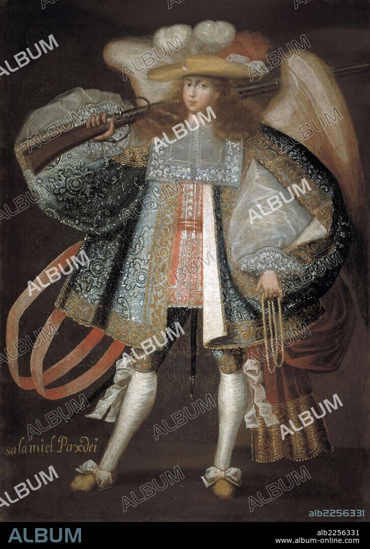 ARTE BARROCO. AMERICA. CIRCULO DEL MAESTRO DE CALAMARCA , ESCUELA DEL LAGO TITICACA , PERU. " ARCANGEL CON FUSIL : SALAMIEL PAX DEI ". OLEO SOBRE ALGODON.