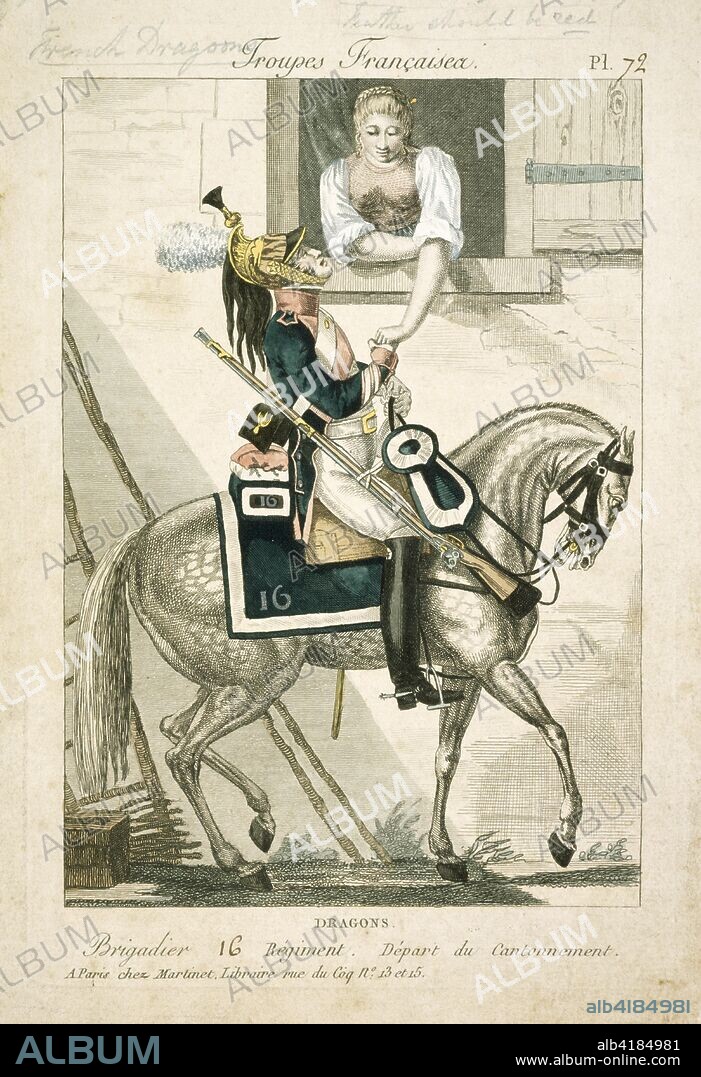 French dragoon of the Napoleonic Wars, early 19th century. A corporal of the 16th Regiment of Dragoons, leaving camp. Pencil annotation indicates that for this regiment the plume should be red, not white as shown. In 1815 the 16th Dragoons formed part of General Maurin's 7th Cavalry Division, attached to Gerard's IV Corps. They took part in the Battles of Ligny (16 June) and Wavre (18-19 June), but failed to defeat the Prussian rearguard in time to have an effect at the Battle ofWaterloo.