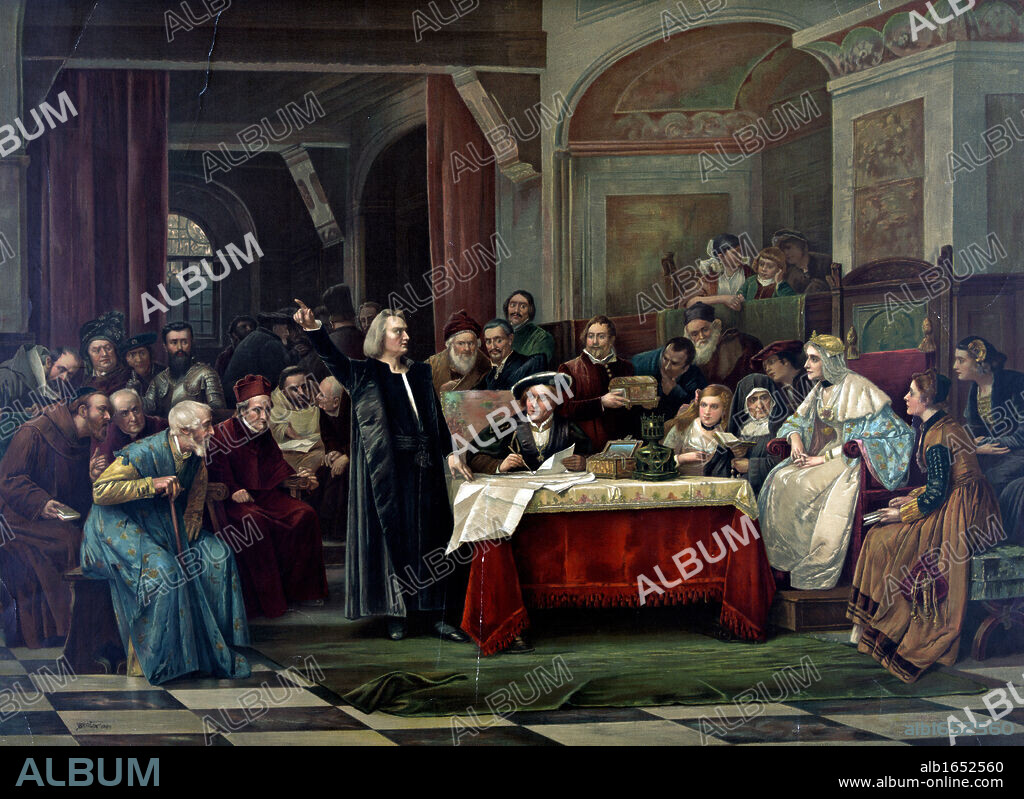 Christopher Columbus at the royal court of Spain book illustration by  Broa¾ik 1884. Print showing Christopher Columbus presenting his request to Queen Isabella.